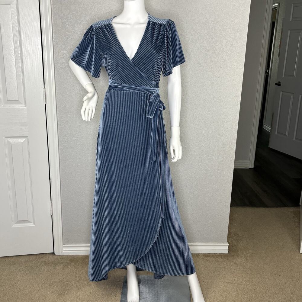 Baltic Born Women’s Wrap Maxi Dress Velvet Flutter Sleeve Blue Size L